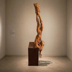 Scultura Tante Voci di Pompilio Calati in legno d’ulivo, esposta al Museo Sigismondo Castromediano di Lecce nel 2026